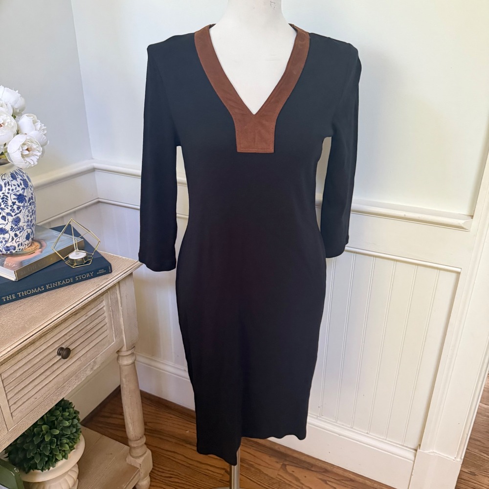 Lauren Ralph Lauren Black Sheath Dress Brown Faux Suede V-Neck 3/4 Sleeve Midi M